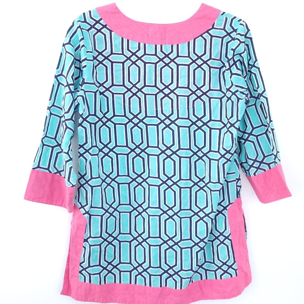 Simply Southern Tunic Top Lattice Small Blue Pink Preppy, Resortwear, 3/4 Sleeve - Picture 2 of 5